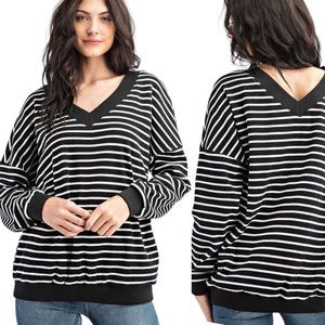 Heyson Stripe V-Neck Pullover Slouchy Casual Black White Fall Neutral Size Small